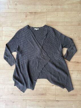 Eileen Fisher Gray Striped Linen Cotton Open Cardigan XS Draped Asymmetrical